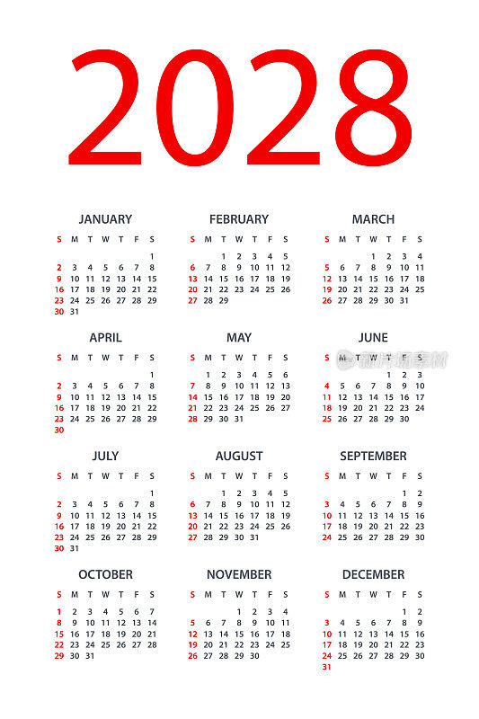 日历2028 -简单布局插图。一周从周日开始。日历设定为2028年